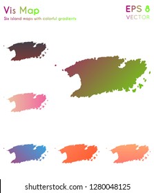 Map of Vis with beautiful gradients. Awesome set of Vis maps. Indelible vector illustration.