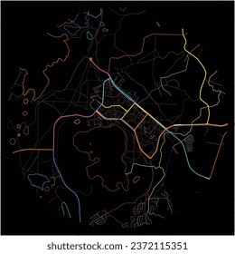 Mapa de Visaginas, Condado de Utena con todas las carreteras principales y menores, vías férreas y vías fluviales. Coloridas líneas de arte sobre fondo negro.