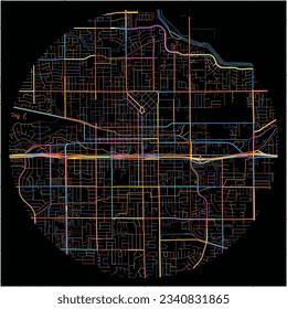 Map of Visalia, California with all major and minor roads, railways and waterways. Colorful line art on black background.