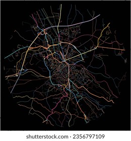 Map of Viterbo, Lazio with all major and minor roads, railways and waterways. Colorful line art on black background.
