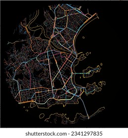 Map of Vitoria with all major and minor roads, railways and waterways. Colorful line art on black background.