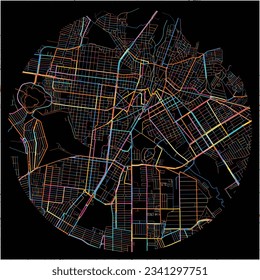 Map of VitoriadaConquista with all major and minor roads, railways and waterways. Colorful line art on black background.