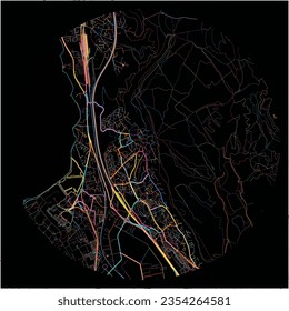 Mapa de Vitrolles, Bouches-du-Rhône con todas las carreteras principales y menores, ferrocarriles y vías fluviales. Coloridas líneas de arte sobre fondo negro.