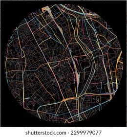 Map of Vitry-sur-Seine, Val-de-Marne with all major and minor roads, railways and waterways. Colorful line art on black background.