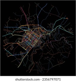 Map of Vittoria, Sicily with all major and minor roads, railways and waterways. Colorful line art on black background.