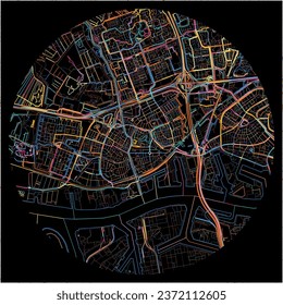 Map of Vlaardingen, South Holland with all major and minor roads, railways and waterways. Colorful line art on black background.