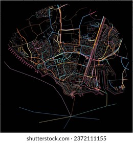 Map of Vlissingen, Zeeland with all major and minor roads, railways and waterways. Colorful line art on black background.
