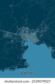 Map of Volos, Greece, The map shows the city's streets, roads, and surrounding terrain. The city is situated on a peninsula with a large bay to the south.