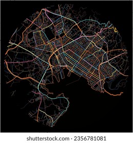 Mapa de Volos, Tesalia con todos los caminos principales y menores, vías férreas y vías fluviales. Coloridas líneas de arte sobre fondo negro.