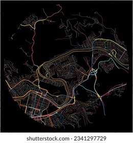 Map of VoltaRedonda with all major and minor roads, railways and waterways. Colorful line art on black background.