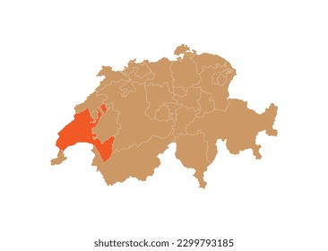 Map of Waadt on Switzerland map. Map of Waadt highlighting the boundaries of the canton of Waadt on the map of Switzerland
