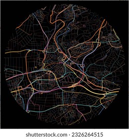 Map of Waiblingen, Baden-Wuerttemberg with all major and minor roads, railways and waterways. Colorful line art on black background.