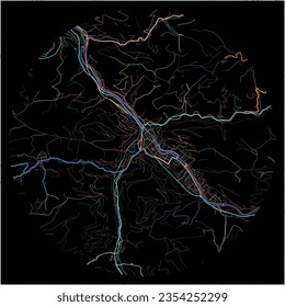 Map of Waidhofen, Lower Austria with all major and minor roads, railways and waterways. Colorful line art on black background.