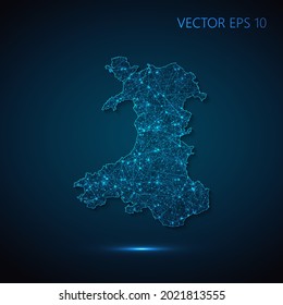 Map of Wales abstract illustration of global social communication, polygonal map with connecting dots and lines. Vector illustration eps 10.