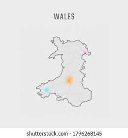 Map of Wales with all states and radar spot on map. Each city has separately for your design. Vector Illustration