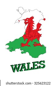 Map of Wales, Cymru, UK with Welsh Flag. 