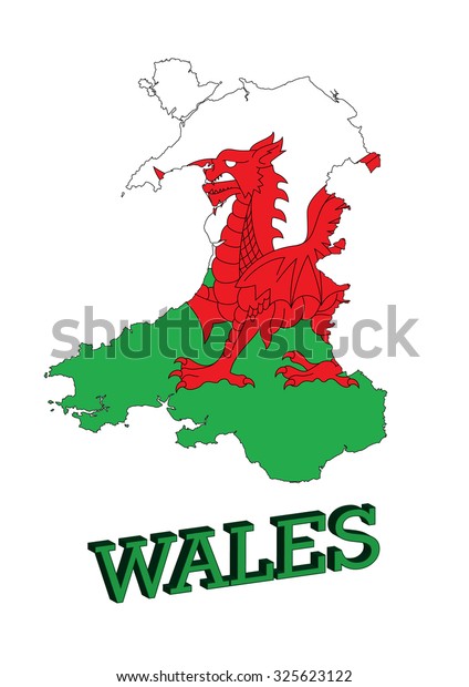 Map of Wales,\
Cymru, UK with Welsh Flag.\
