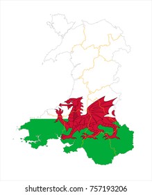 Map Of Wales With Flag Isolated On White Background.