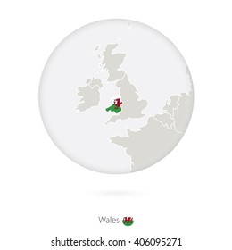 Map of Wales and national flag in a circle. Wales map contour with flag. Vector Illustration.