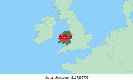 Map of Wales with pin of country capital. Wales Map with neighboring countries in green color.
