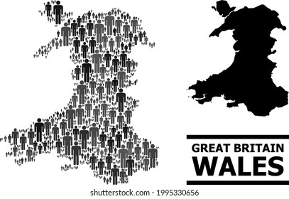Map of Wales for political posters. Vector population mosaic. Concept map of Wales created of people icons. Demographic concept in dark gray color tones.