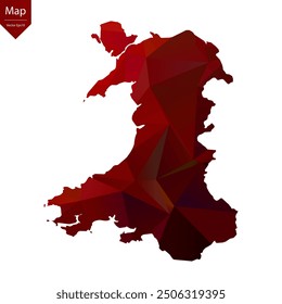 Map of Wales - Red Geometric Rumpled Triangular , Polygonal Design. Vector illustration eps 10.