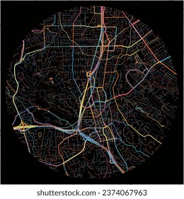 Map of WalnutCreek, California with all major and minor roads, railways and waterways. Colorful line art on black background.