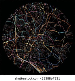 Map of Walsall, West Midlands with all major and minor roads, railways and waterways. Colorful line art on black background.