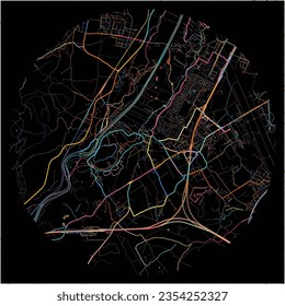 Map of Wals-Siezenheim, Salzburg with all major and minor roads, railways and waterways. Colorful line art on black background.