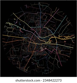 Map of Warendorf, North Rhine-Westphalia with all major and minor roads, railways and waterways. Colorful line art on black background.