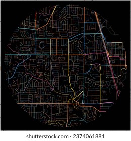 Map of WarnerRobins, Georgia with all major and minor roads, railways and waterways. Colorful line art on black background.