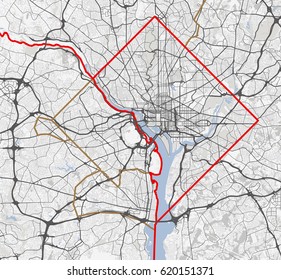 Map Washington city. District of Columbia Roads