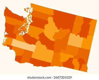 Map of Washington with counties. Just a simple state border map with county division. Orange color palette. Plain State of Washington shape with administrative division. Vector illustration.