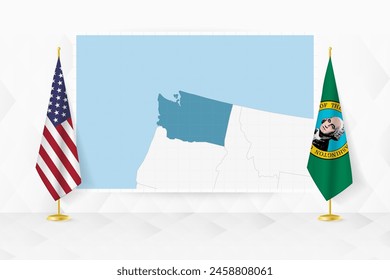 Map of Washington and flags of Washington on flag stand. Vector illustration for diplomacy meeting.