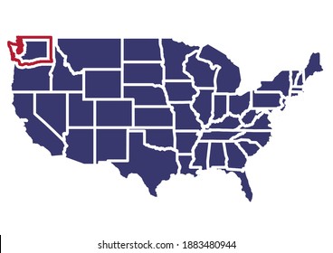 Mapa de Washington. El mapa muestra la ubicación de Washington en Estados Unidos. El mapa está coloreado con los colores de la bandera de Estados Unidos. Este archivo es apropiado para edición digital e impresiones de todos los tamaños.