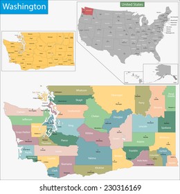 Map Of Washington State Designed In Illustration With The Counties And The County Seats