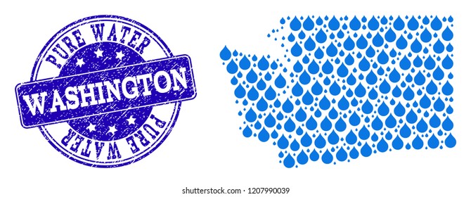 Map of Washington State vector mosaic and Pure Water grunge stamp. Map of Washington State formed with blue aqua dews. Seal with grunge rubber texture for pure drinking water.