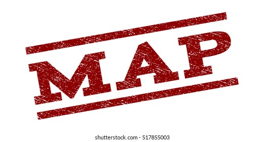 Map watermark stamp. Text caption between parallel lines with grunge design style. Rubber seal stamp with unclean texture. Vector dark red color ink imprint on a white background.