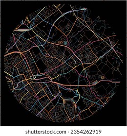 Map of Wattrelos, Nord with all major and minor roads, railways and waterways. Colorful line art on black background.