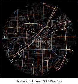 Map of Waukesha, Wisconsin with all major and minor roads, railways and waterways. Colorful line art on black background.