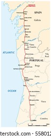 Map of the Way of St. James from Coimbra to Santiago de Compostela (Caminho Portugues), Spain, Portugal