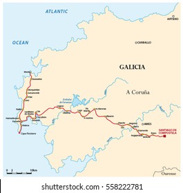 Map Way of St. James from Santiago de Compostela to Cape Finisterre, Spain,