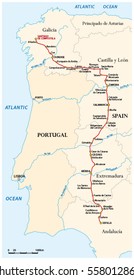 Map of the Way of St. James from Seville to Santiago de Compostela (Via de la Plata), Spain