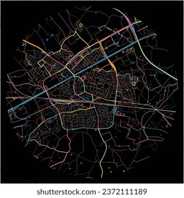 Map of Weert, Limburg with all major and minor roads, railways and waterways. Colorful line art on black background.