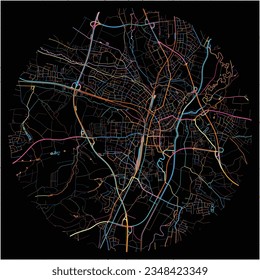 Map of WeideninderOberpfalz, Bavaria with all major and minor roads, railways and waterways. Colorful line art on black background.