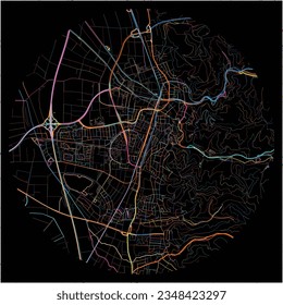 Map of Weinheim, Baden-Wuerttemberg with all major and minor roads, railways and waterways. Colorful line art on black background.