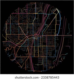 Map of Welland, Ontario with all major and minor roads, railways and waterways. Colorful line art on black background.