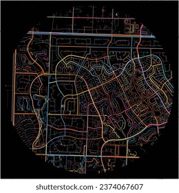 Map of Wellington, Florida with all major and minor roads, railways and waterways. Colorful line art on black background.