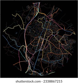 Map of WelwynGardenCity, East of England with all major and minor roads, railways and waterways. Colorful line art on black background.