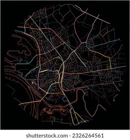 Map of Wesel, North Rhine-Westphalia with all major and minor roads, railways and waterways. Colorful line art on black background.